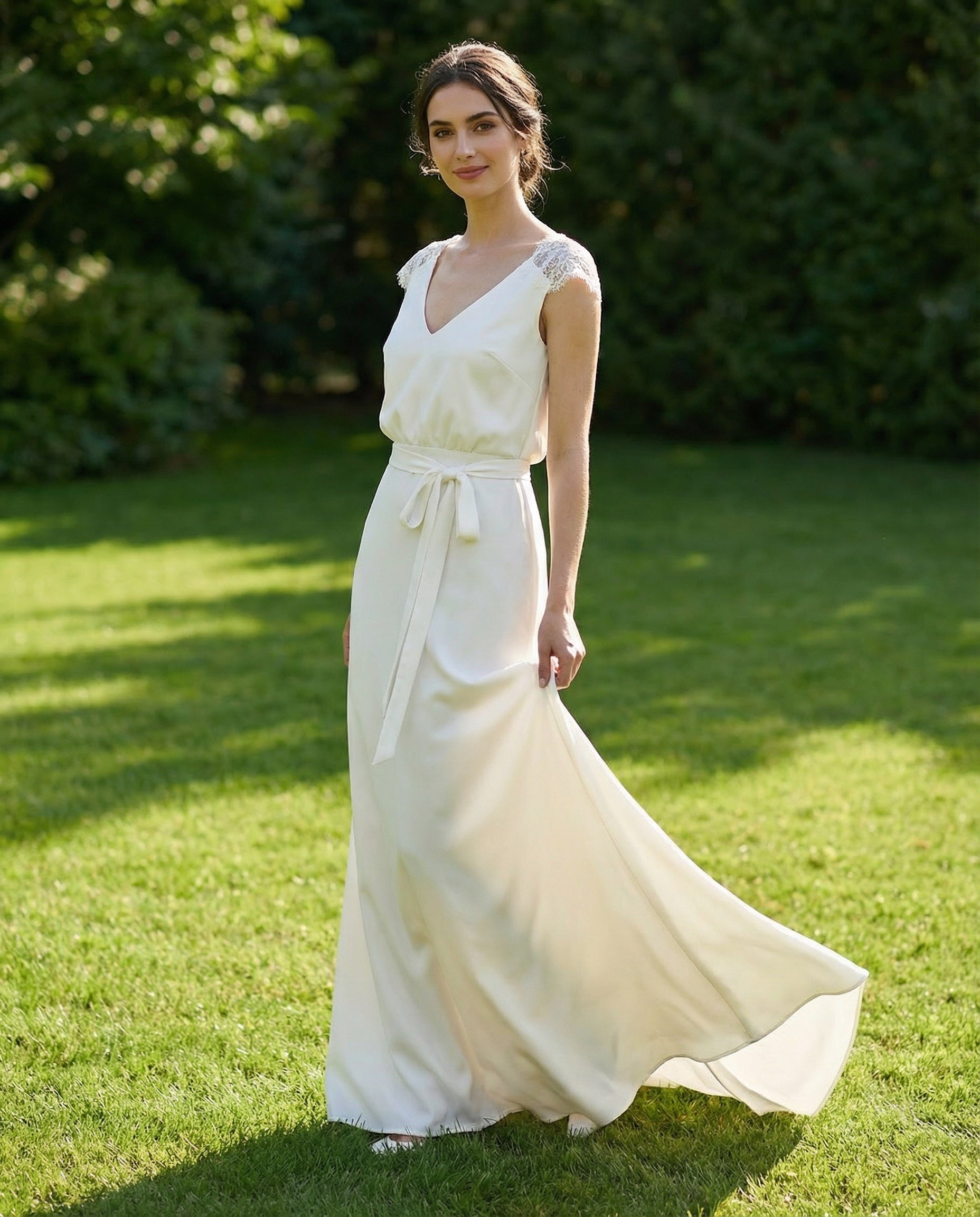 Lace Cap Sleeves V-neck Sheath Satin Wedding Dress with Keyhole Back Ms. Grace Lace Cap Sleeves V-neck Sheath Satin Wedding Dress with Keyhole Back Ms. Grace