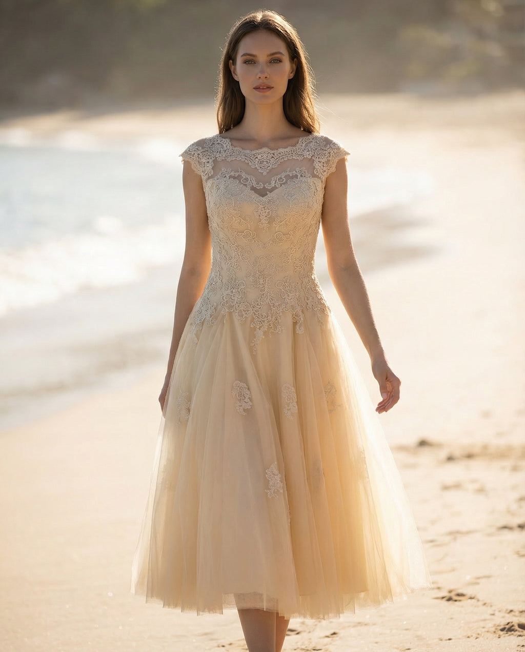 Teelanges Brautkleid mit kurzen Ärmeln und Spitze in A-Linie