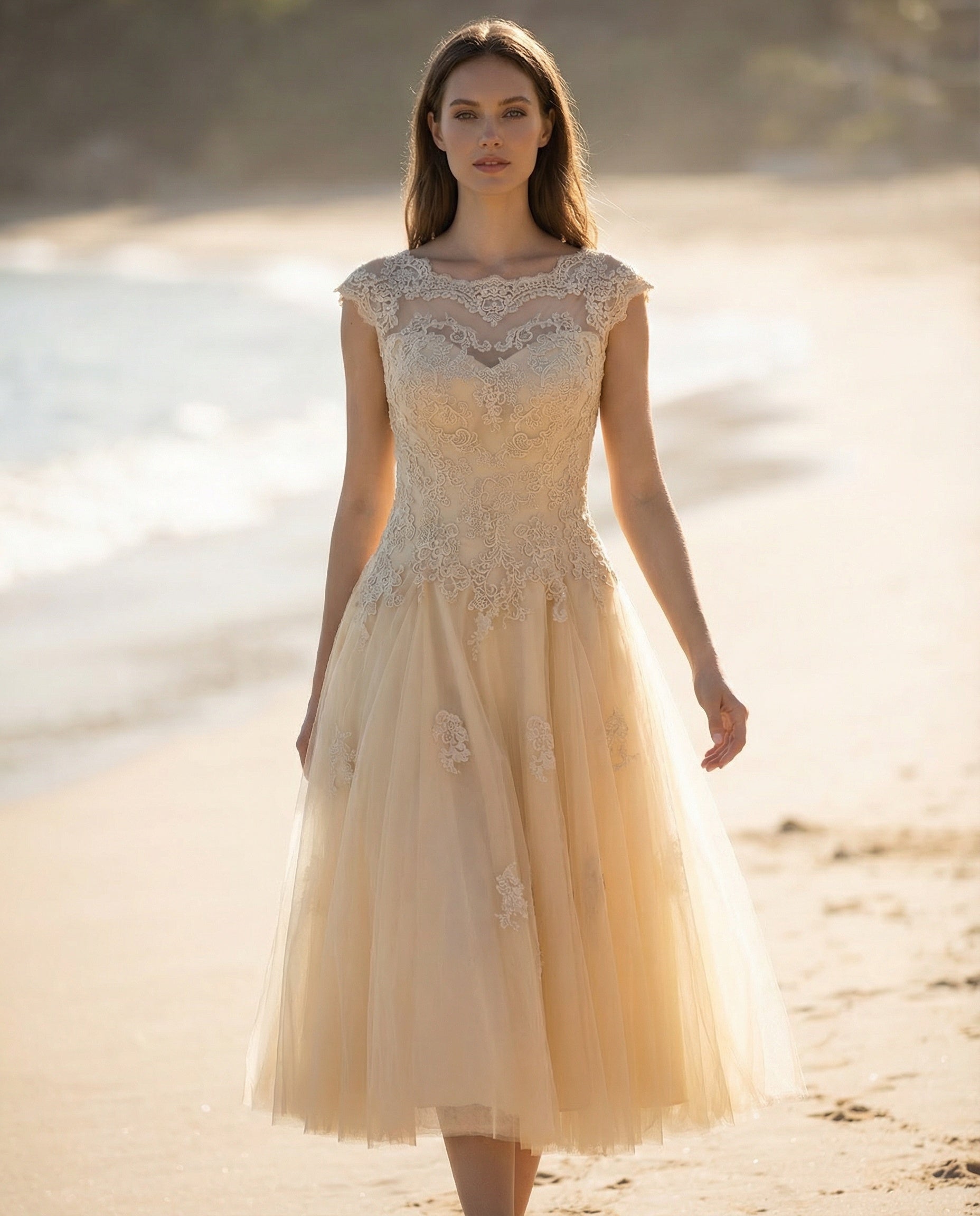 Teelanges Brautkleid mit kurzen Ärmeln und Spitze in A-Linie