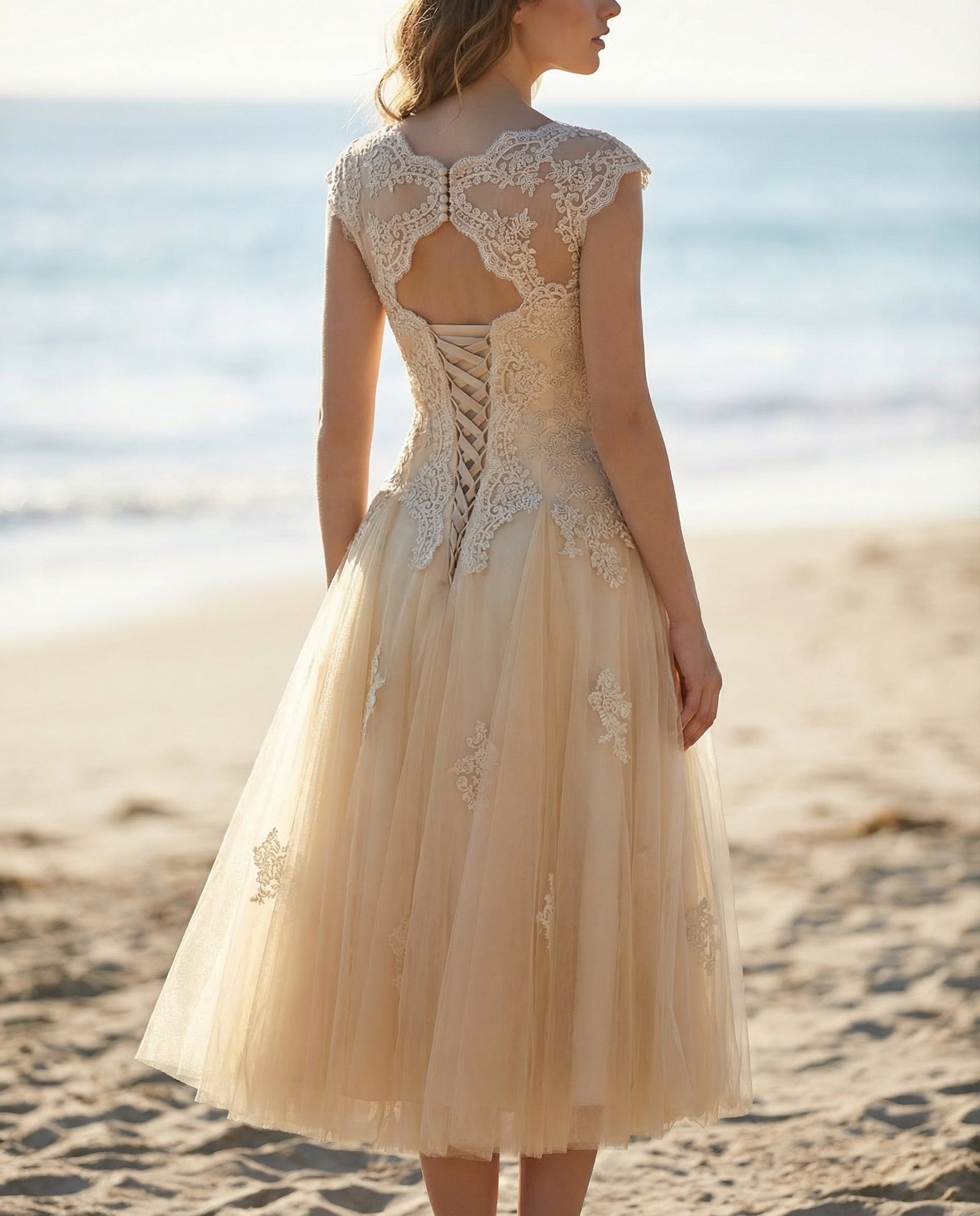 Tea Length Cap Sleeves A-line Lace Wedding Dress Ms. Grace Tea Length Cap Sleeves A-line Lace Wedding Dress Ms. Grace