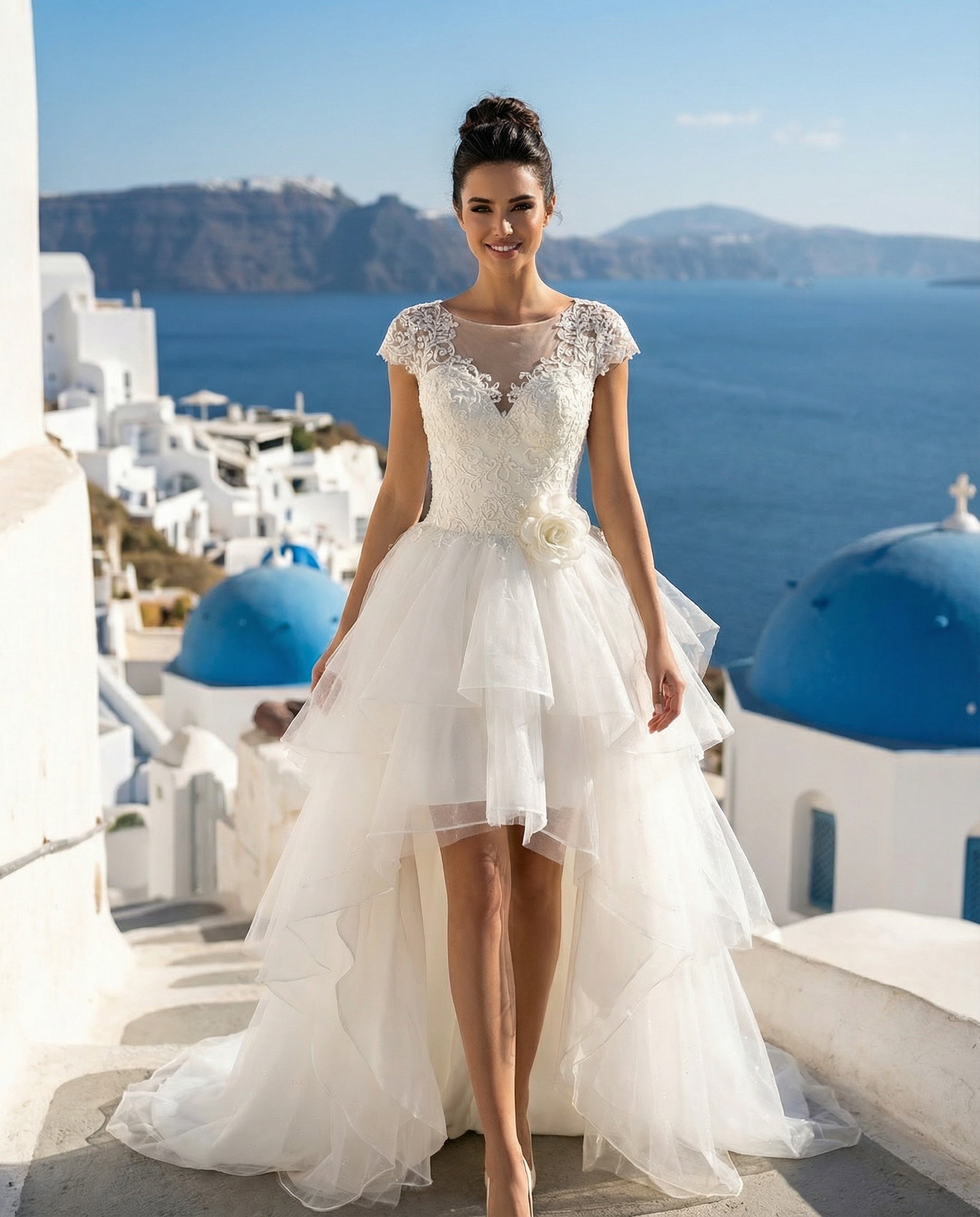 Cap Sleeves Illusion Neck Layered Skirt Lace and Organza High-low Wedding Dress