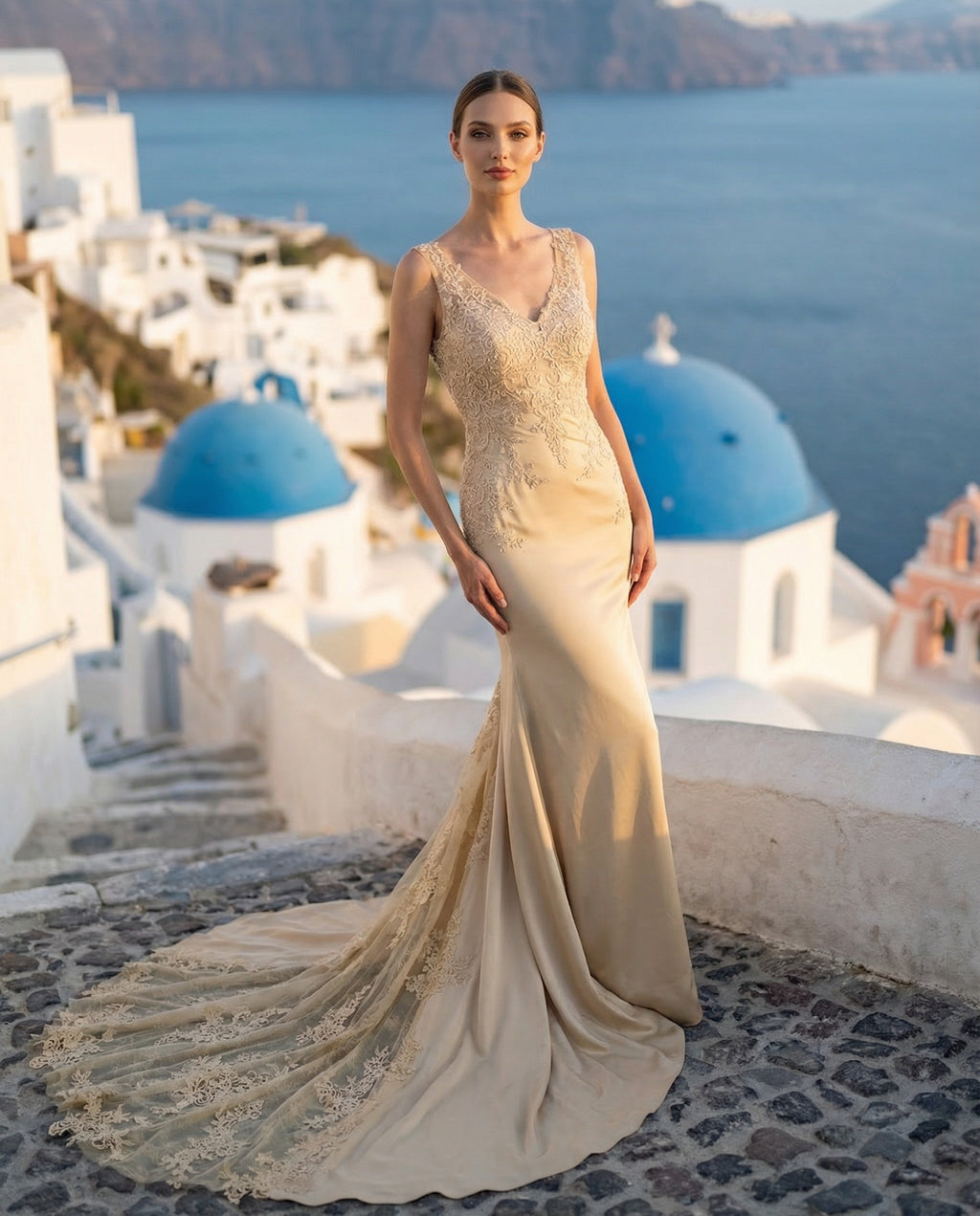 Robe de mariée fourreau sans manches en dentelle et satin à col en V