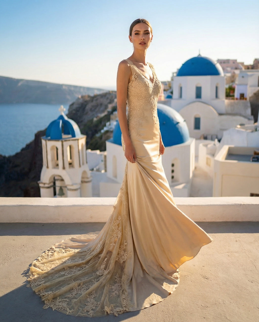 Robe de mariée fourreau sans manches en dentelle et satin à col en V