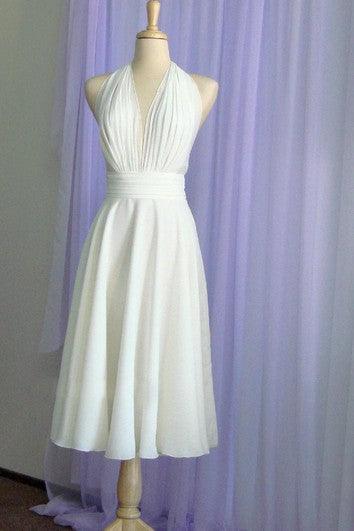 Marilyn Monroe Inspired Halter Tea Length A-Line Chiffon Dress With Pleated Bodice