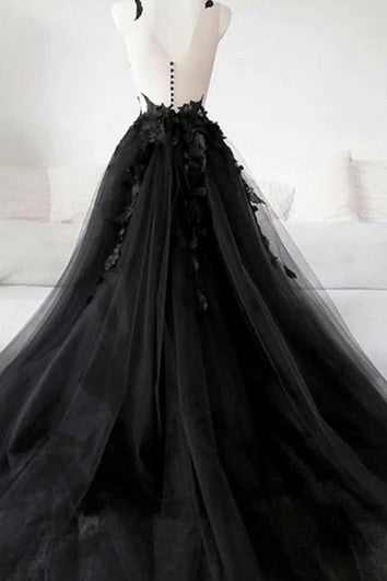 Black Gothic Sexy Sleeveless Spaghetti Backless Plus Size Formal/Prom/Wedding Tulle Dress with Lace Appliques