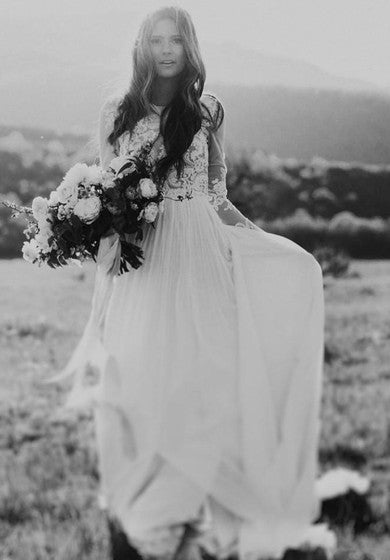 Bohemian/Hippie Country/Rustic Vintage Casual Illusion Back Long Sleeves Lace & Tulle Summer Wedding Dress