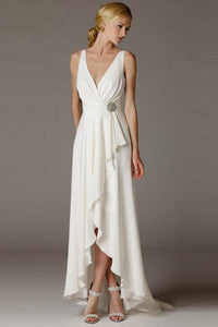 High-Low V-Neck Sleeveless Ruched Chiffon Wedding Dress With Brush Train And V Back