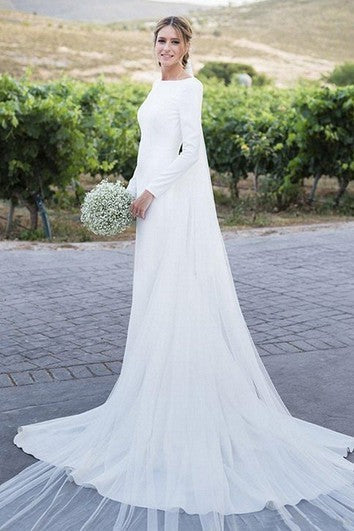 Sexy Deep-V Back Chiffon Sheath Floor Length Wedding Dress with Chapel Train