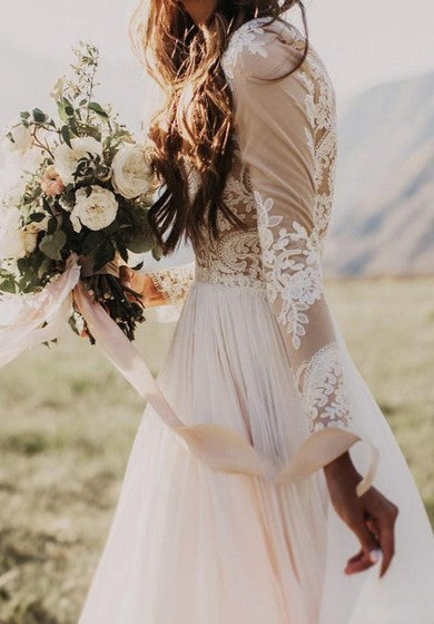 Bohemian/Hippie Country/Rustic Vintage Casual Illusion Back Long Sleeves Lace & Tulle Summer Wedding Dress