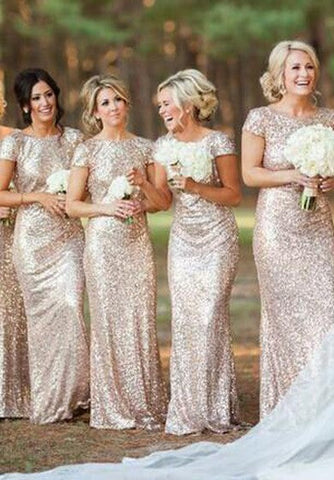 Bateau Short-Sleeve Low-V-Back Modern Floor-length Sequin Bridesmaid Dress