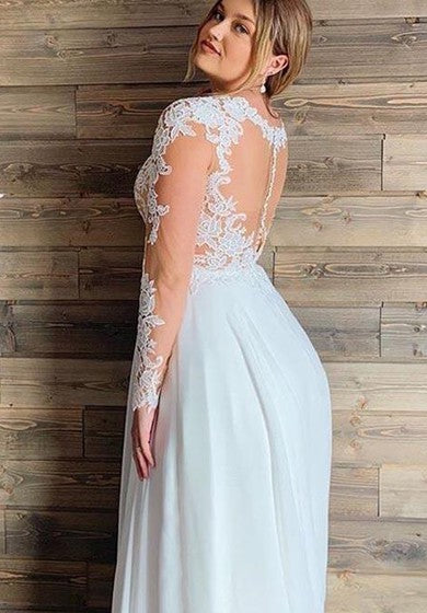 Plus Size Sexy Deep-V-Neck Long Sleeve Ethereal & Casual Chiffon & Lace Beach Wedding Dress