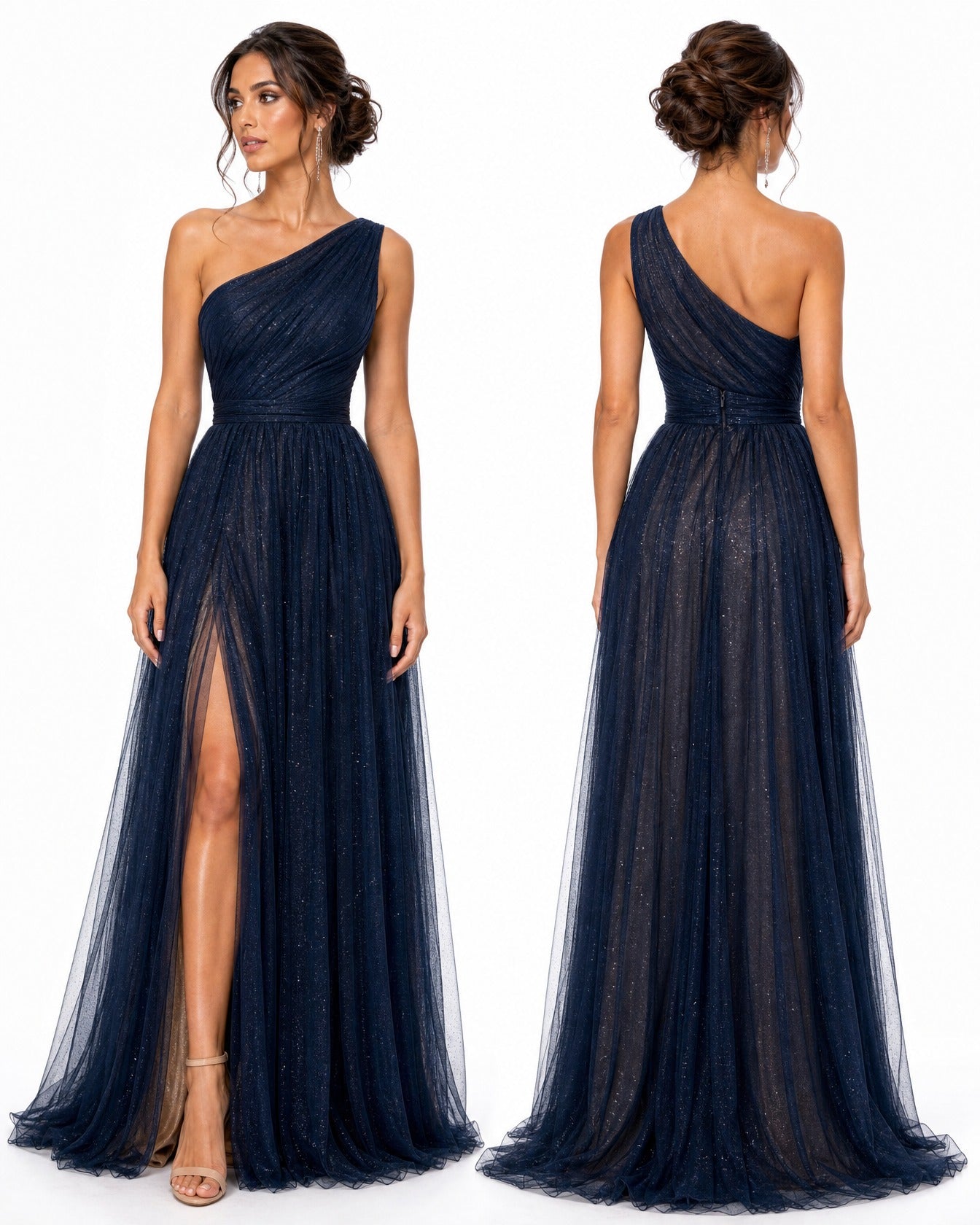 Navy One-Shoulder Floor-Length Tulle A-Line Dress