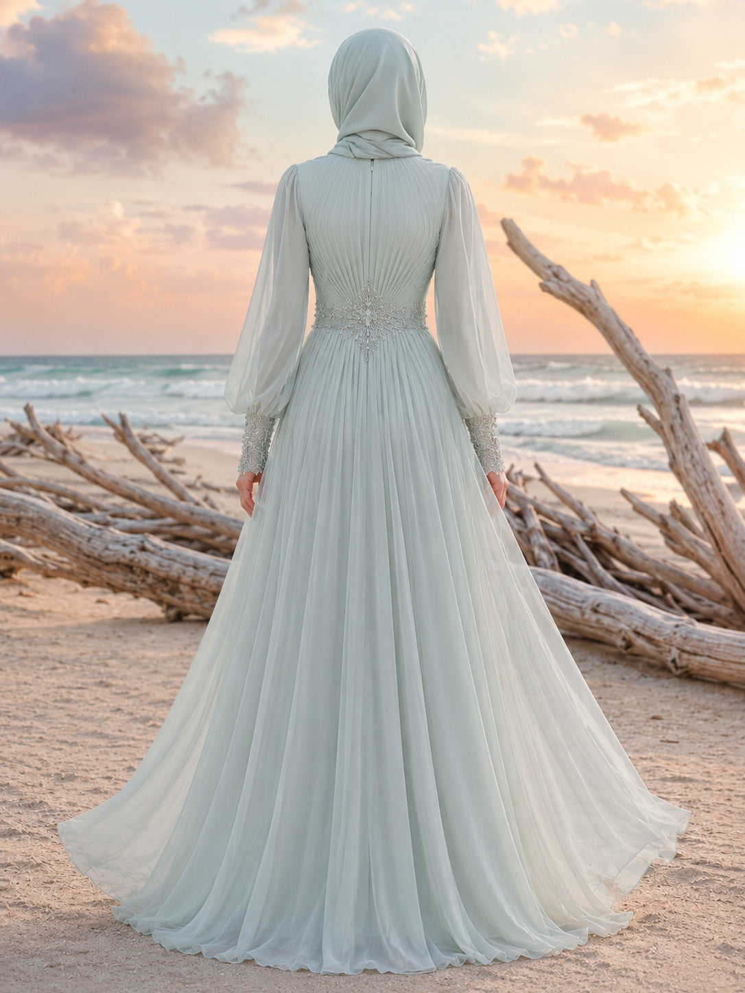 Sage Beach Muslim Poet Sleeve High Neck Chiffon Wedding Dress back view