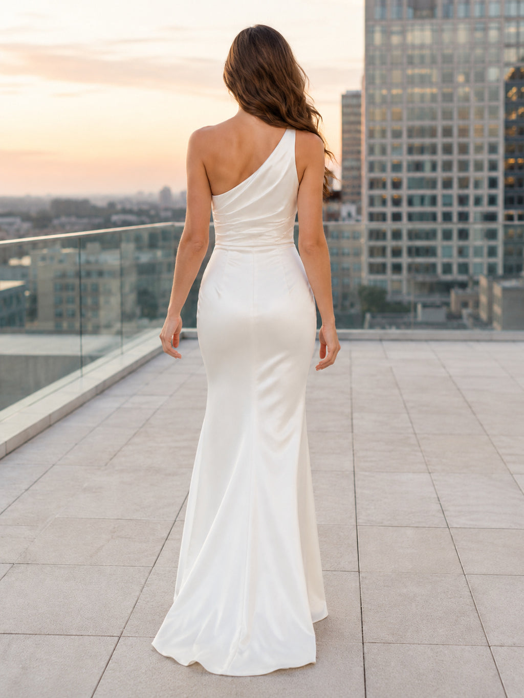 One shoulder satin rehearsal sheath gown with diagonal drape back view