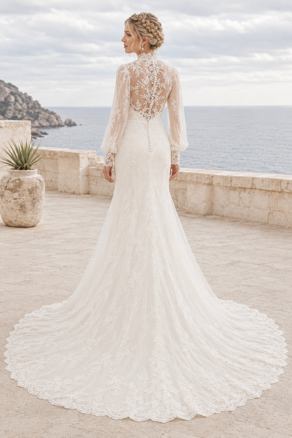 High Neck Long Sleeve Mermaid Wedding Dress with Lace Overlay and Chapel Train for Beach Garden Ceremony back view