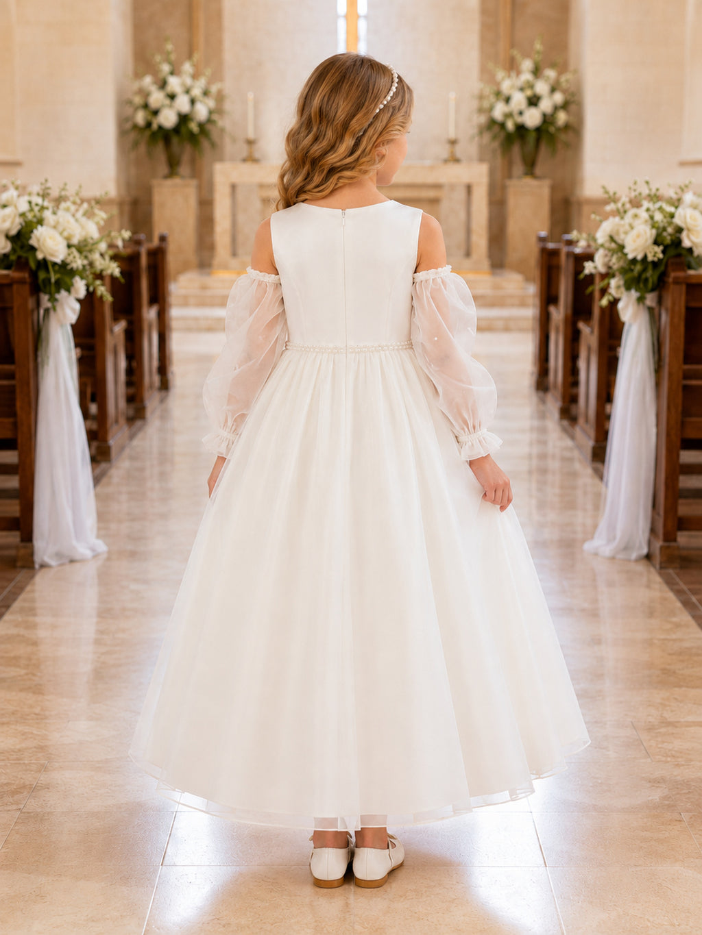 White Detachable Tulle Cape Sleeve Communion Flowergirl Ceremony Dress back view