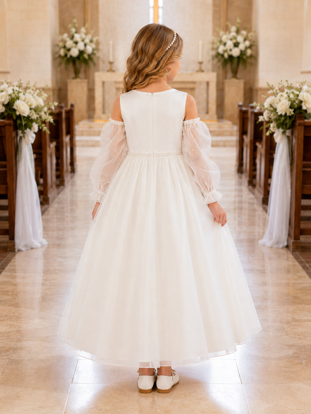White Detachable Tulle Cape Sleeve Communion Flowergirl Ceremony Dress back view