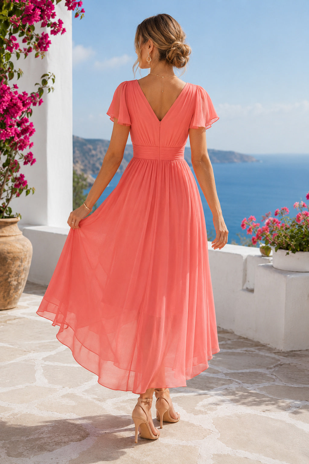 Dusty Rose Destination Wedding Guest Sheath Dress back view