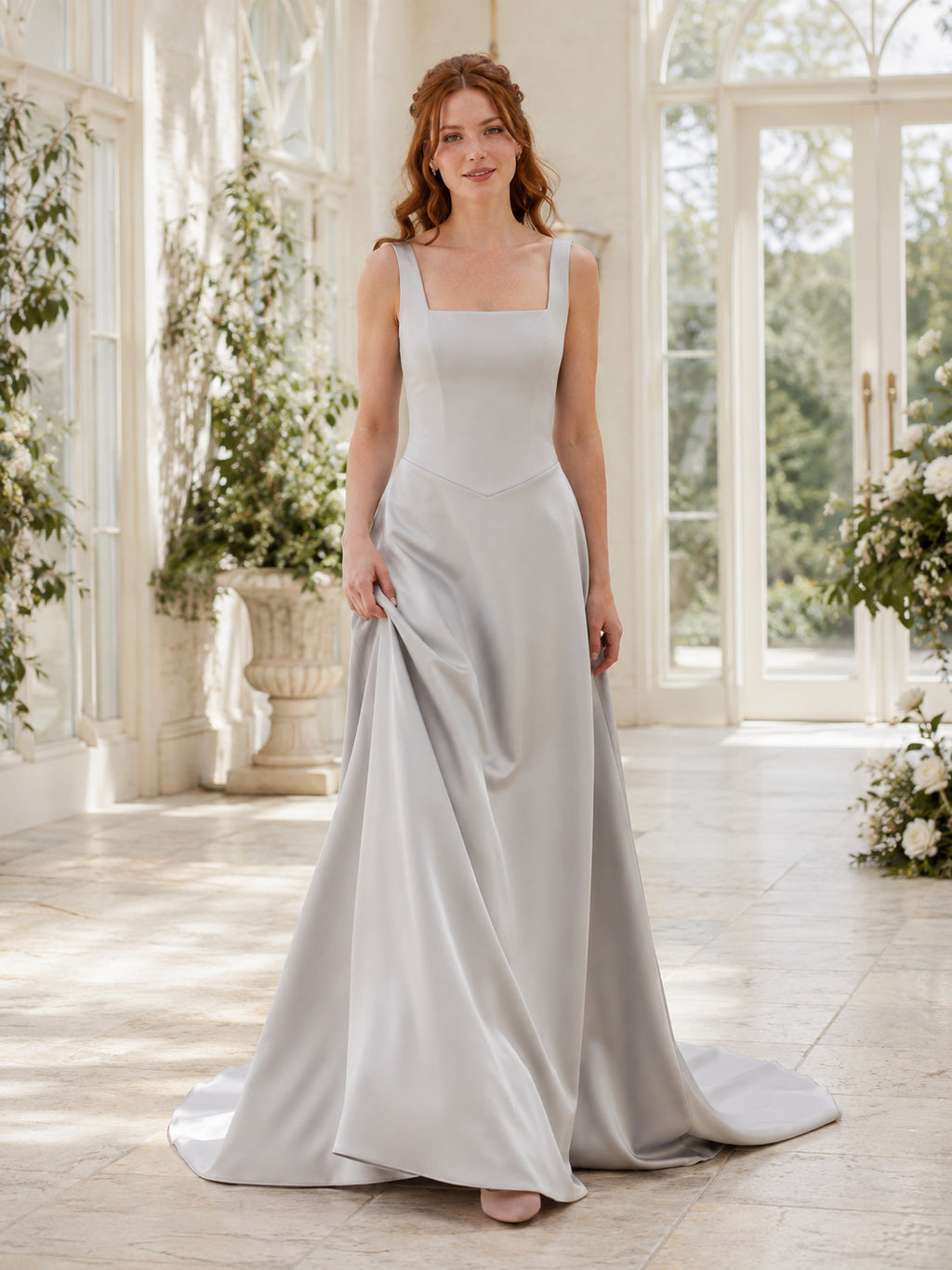 Dove Gray Square Neck Satin A-Line Split Wedding Dress front view