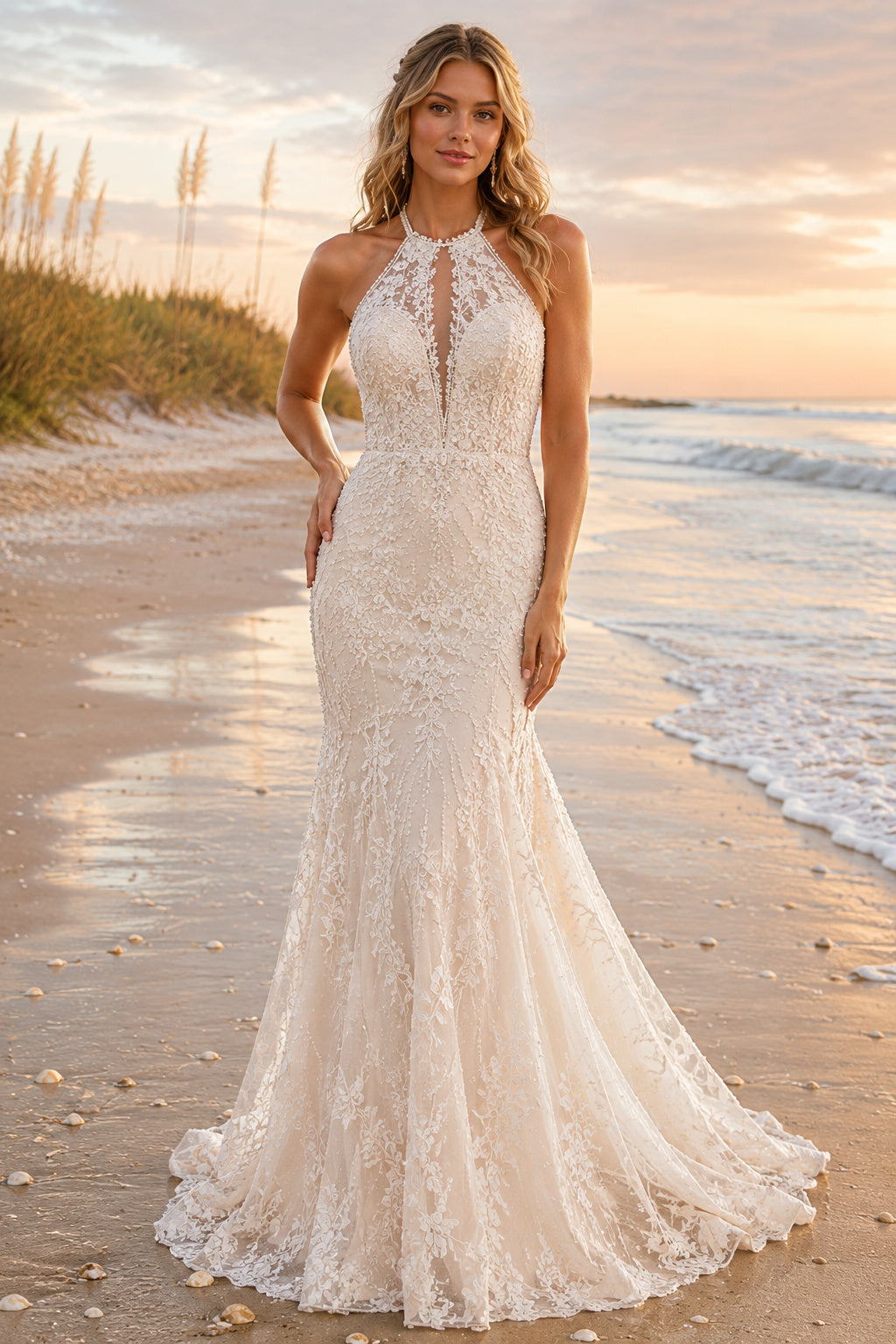 Ivory Halter High Neck Lace Mermaid Wedding Dress Keyhole Back Train for Bridal Ceremony and Reception Style MG_700798 front