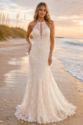 Ivory Halter High Neck Lace Mermaid Wedding Dress Keyhole Back Train for Bridal Ceremony and Reception Style MG_700798 front