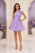 Lavender One Shoulder Tulle Short A Line Homecoming Dress With Flower Shoulder Detail Homecoming Dress front view