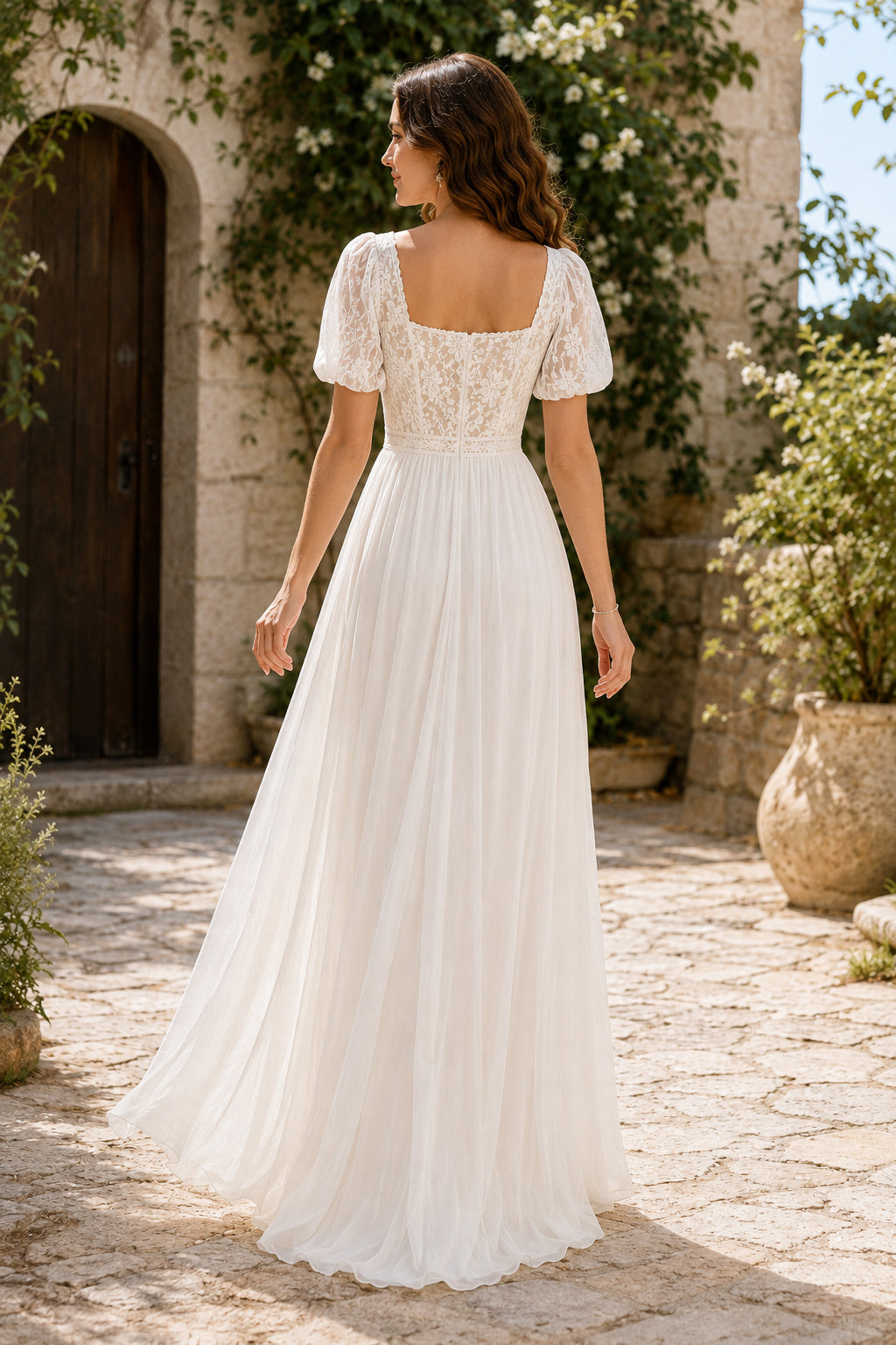 Square Neck Puff Sleeve A-Line Wedding Dress with Soft Tulle Skirt and Lace Bodice back view