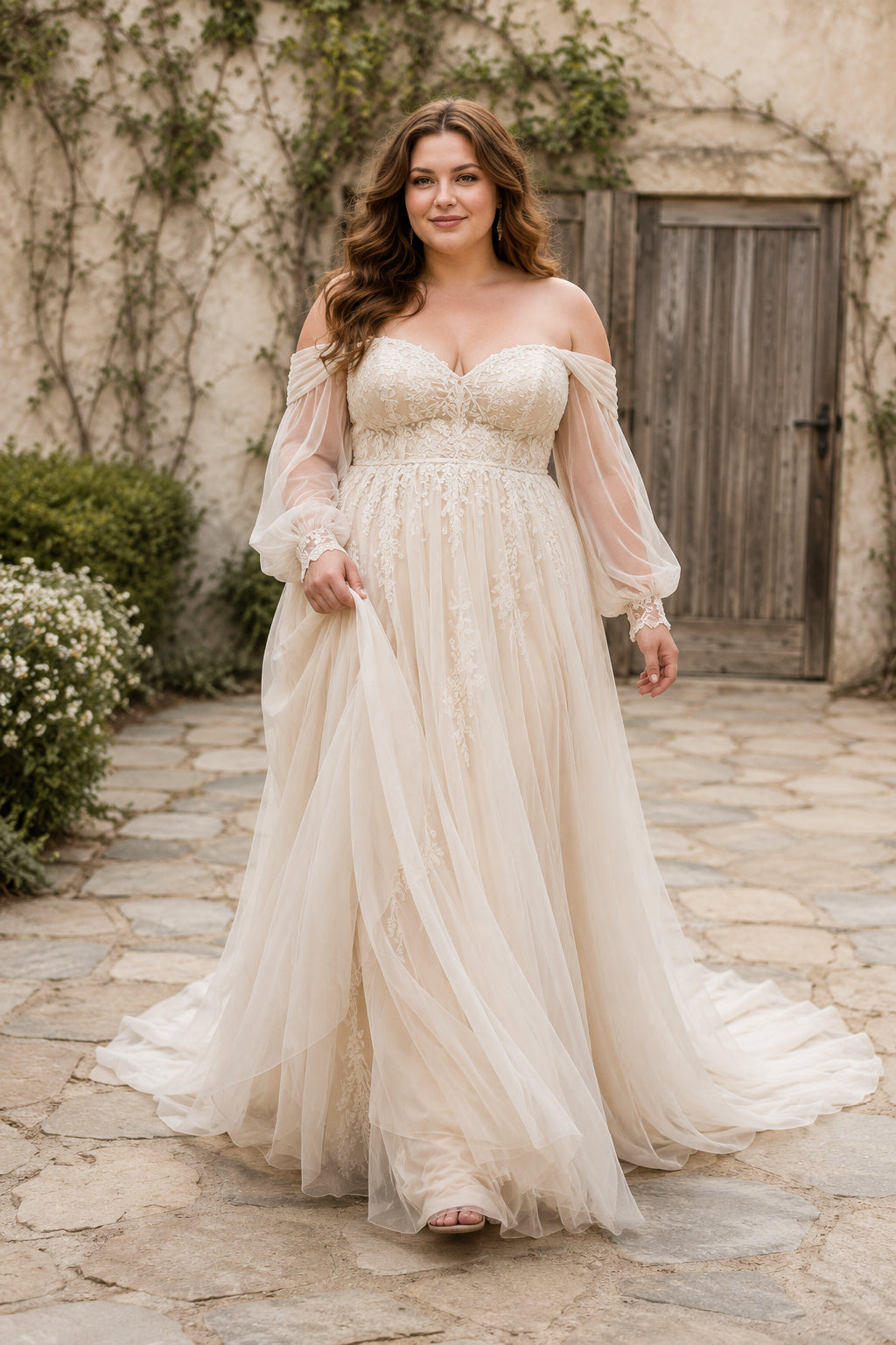 Plus Size Off-the-Shoulder Empire Tulle Wedding Dress with Sheer Long Sleeves front view
