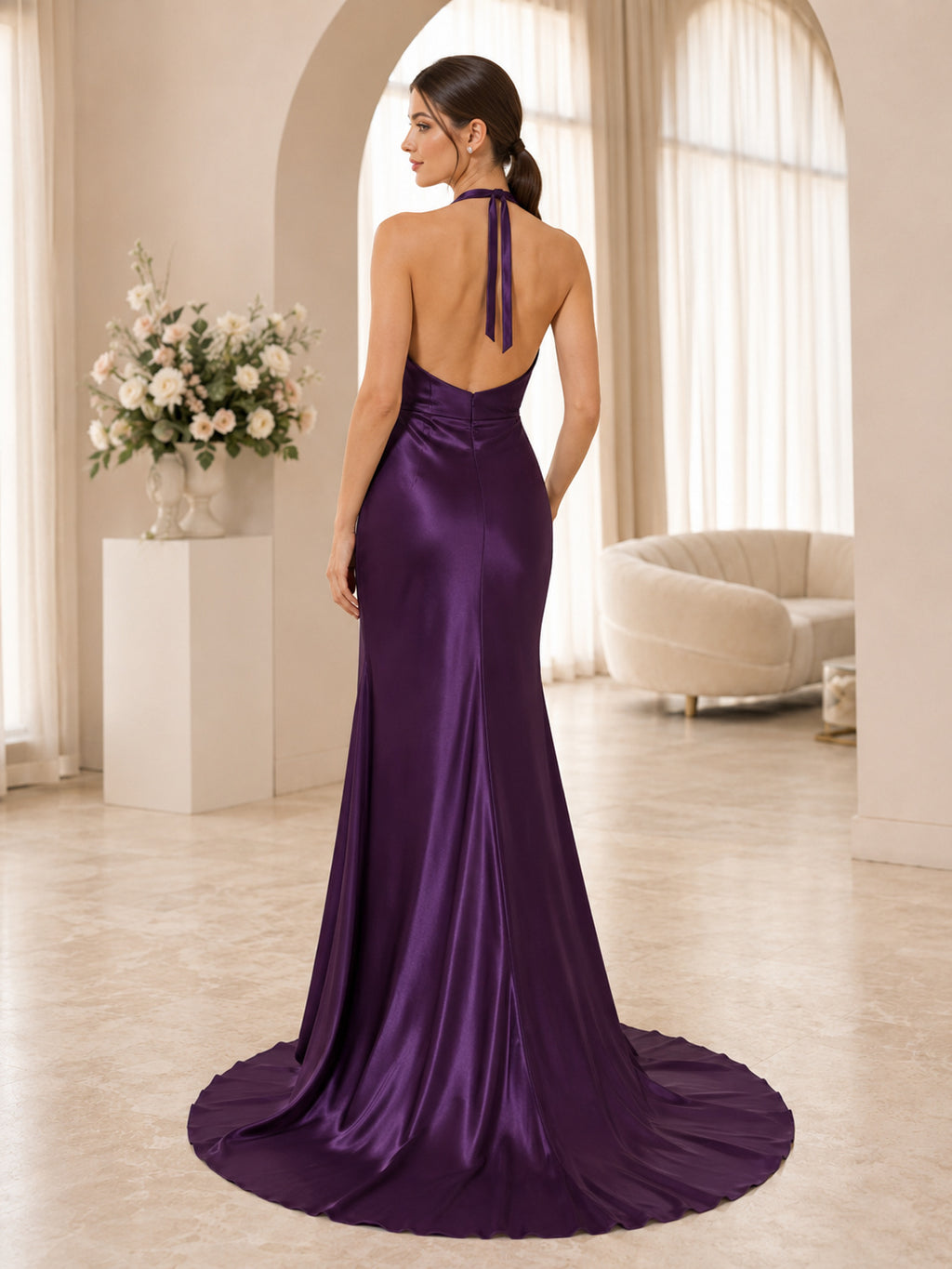 Grape Halter Cowl Backless Split Front Satin Sheath Wedding Gown back view