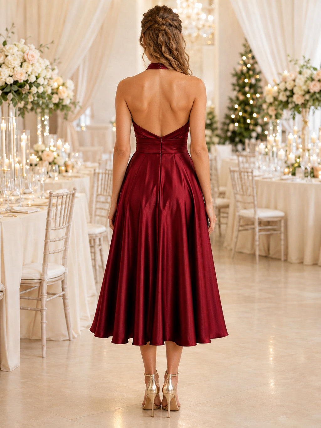 Burgundy Cross Halter Draped Satin A Line Tea Guest Dress back view