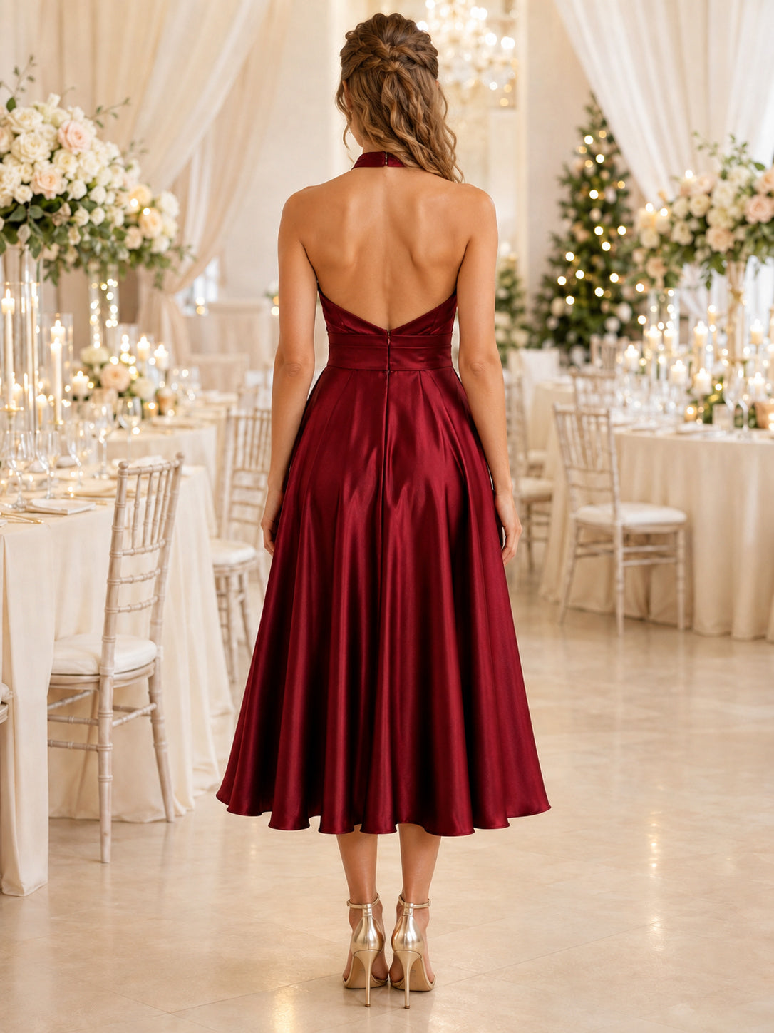 Burgundy Cross Halter Draped Satin A Line Tea Guest Dress back view