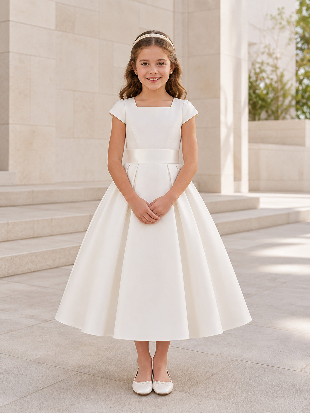 Modern Square Neck Cap Sleeve Satin Communion Tea Dress front view