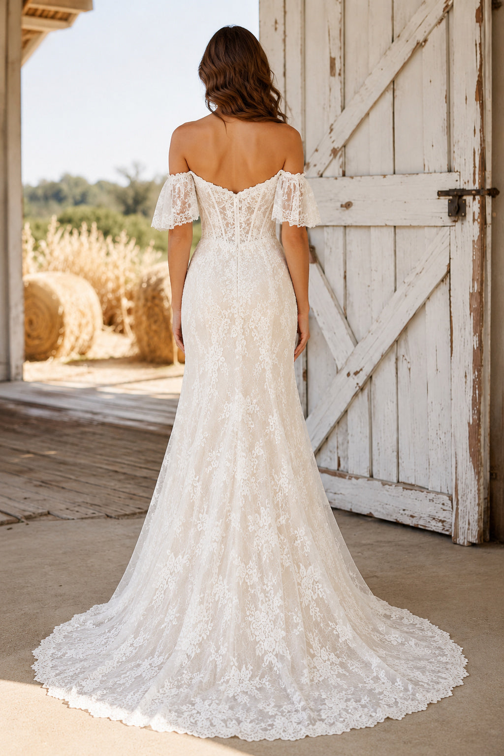 Ivory Off-the-Shoulder Lace Mermaid Wedding Dress with Short Sleeves and Sweep Train back view