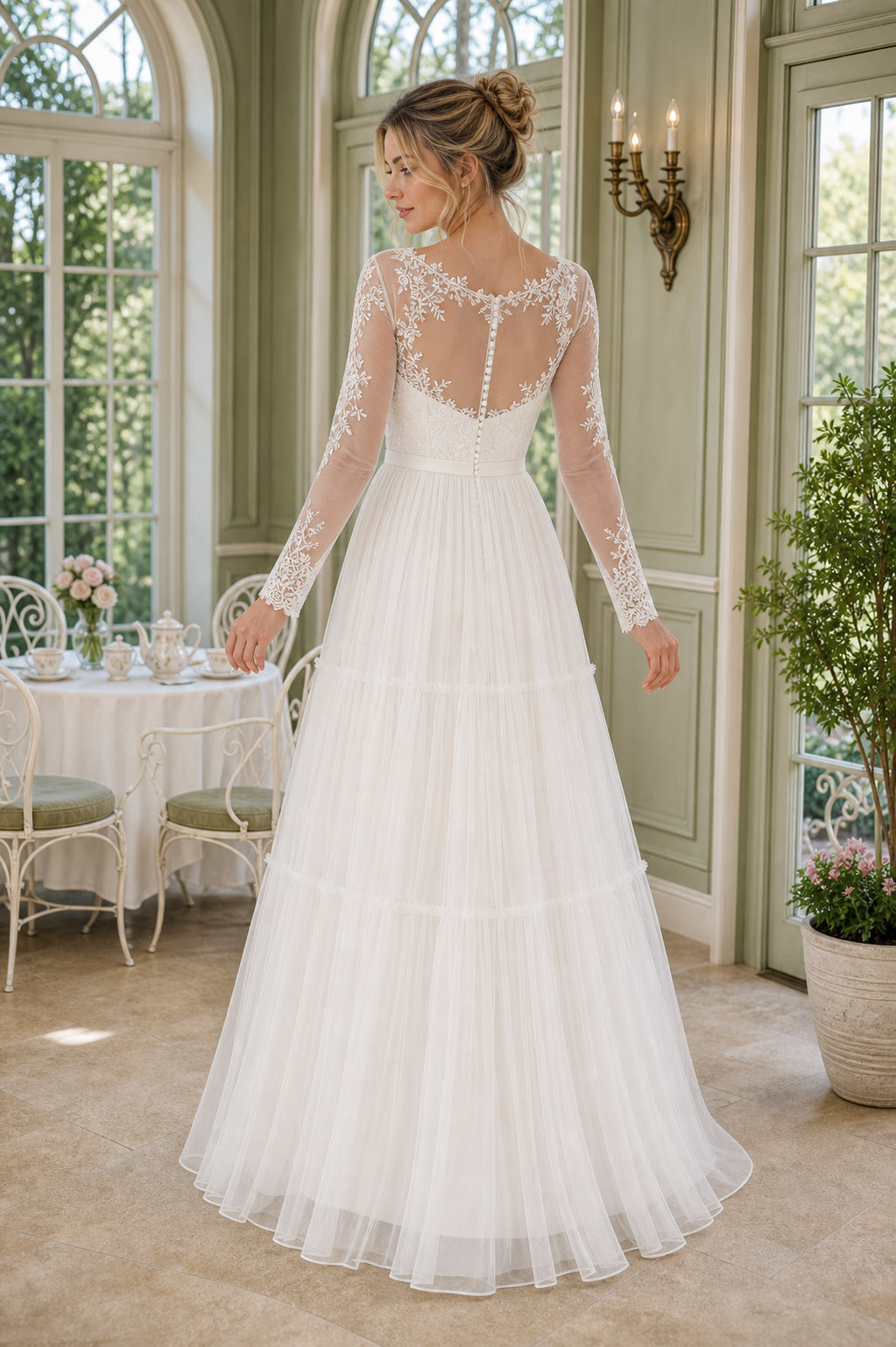 White Off-the-shoulder Flutter Sleeves A-Line Crepe Floor-length Wedding Dress With Pleated Skirt and Layered Skirt and Open Back
