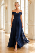 Dark Navy Off-the-Shoulder Chiffon A-Line Bridesmaid Dress with Sweetheart Neck and Side Split front view