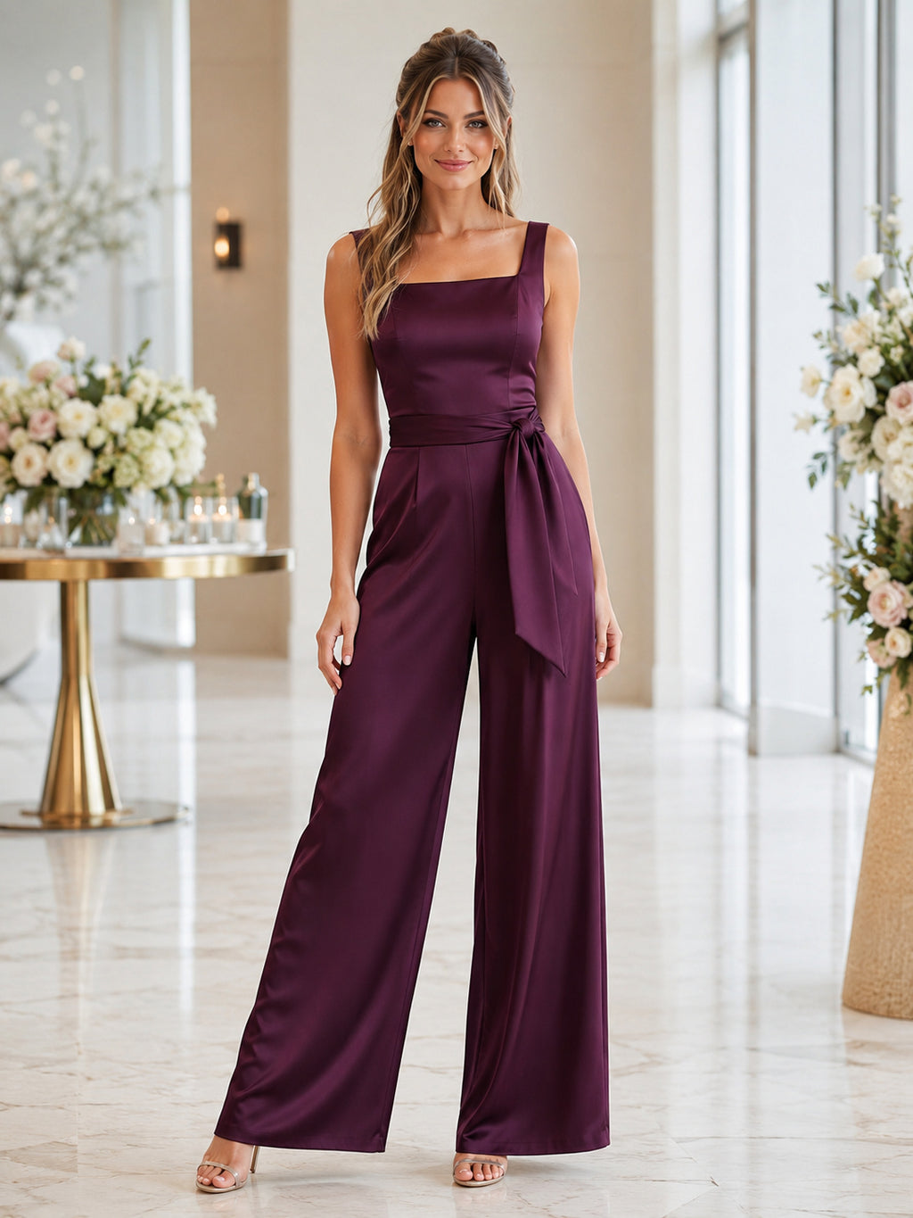 Plum Square Neck Satin Wide Leg Guest Jumpsuit front view