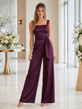 Plum Square Neck Satin Wide Leg Guest Jumpsuit front view