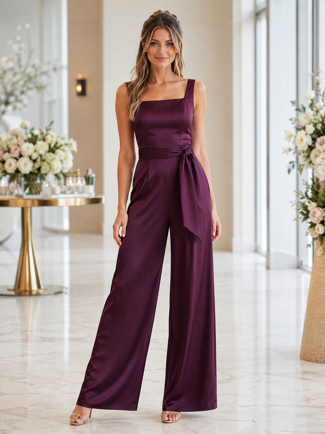 Plum Square Neck Satin Wide Leg Guest Jumpsuit front view