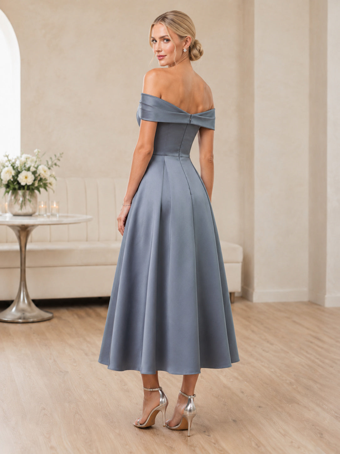 Steel Blue Off-Shoulder Satin Tea-Length A-Line Modest Wedding Dress back view