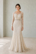 Ivory Bateau Long Sleeve Mermaid Lace Wedding Dress With Sheer Back