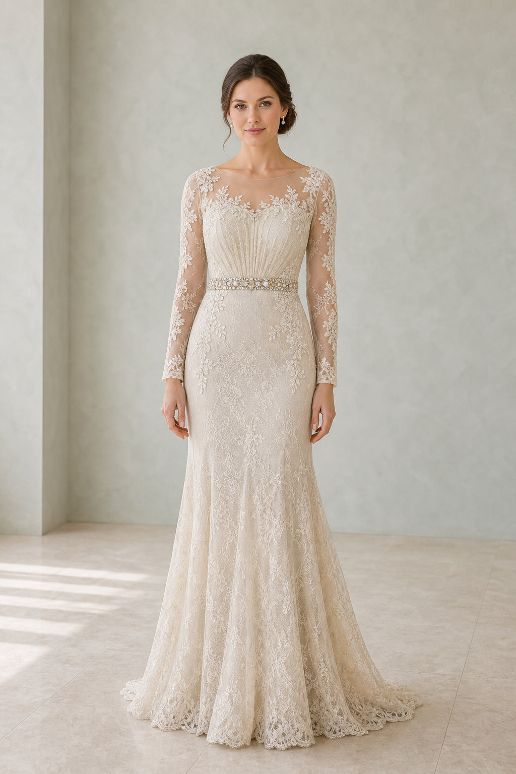 Ivory Bateau Long Sleeve Mermaid Lace Wedding Dress With Sheer Back