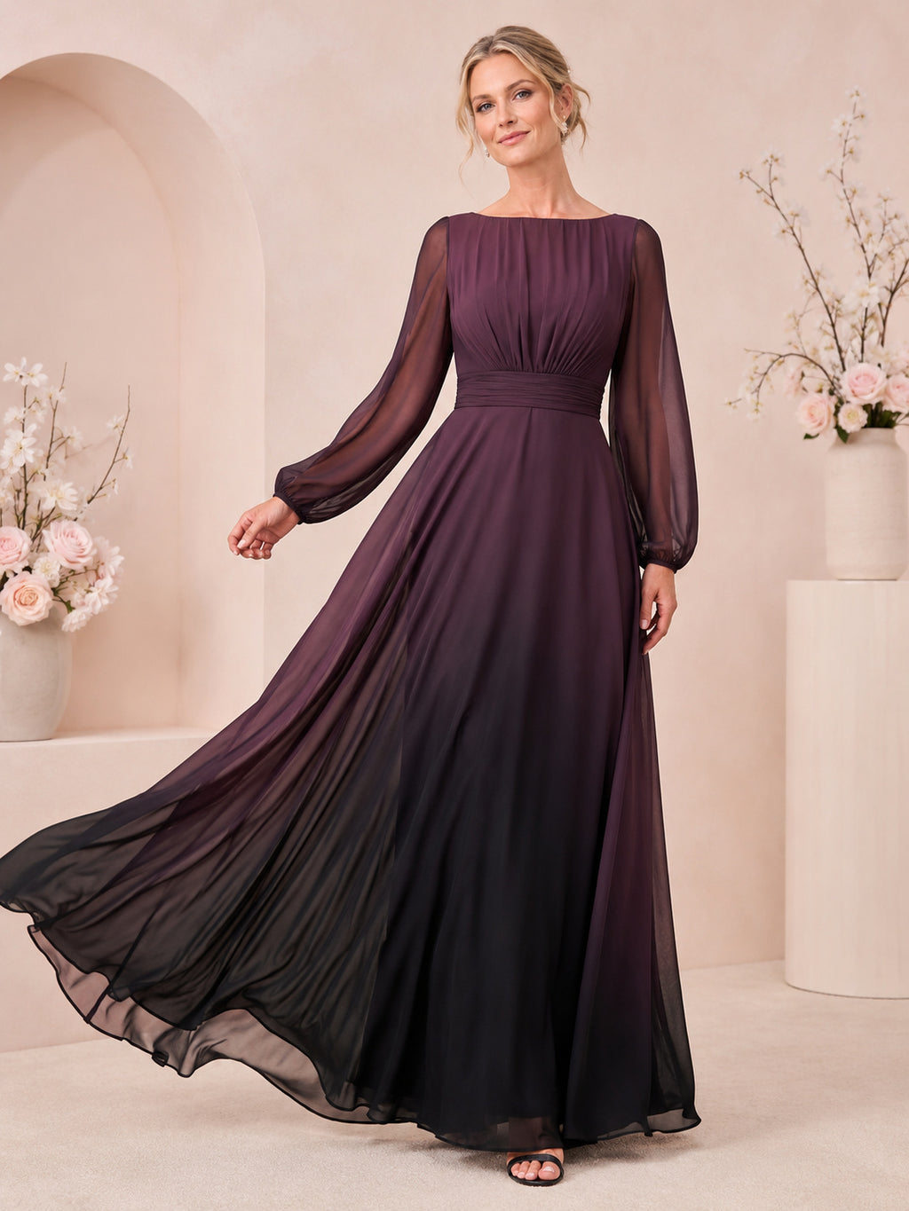 Plum Bateau Neck Poet Sleeve Ombre Chiffon Floor Guest Dress front view