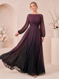 Plum Bateau Neck Poet Sleeve Ombre Chiffon Floor Guest Dress front view