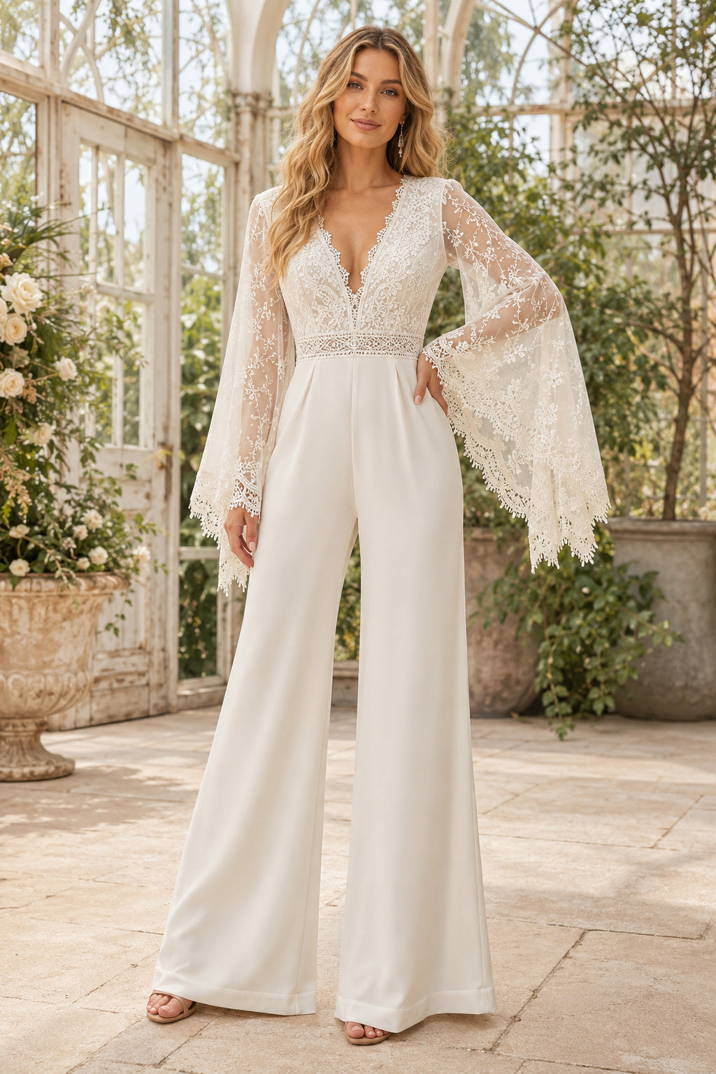 Ivory Bell Sleeve Lace Bridal Jumpsuit with V-Neck and Wide Pants front view