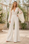 Ivory Bell Sleeve Lace Bridal Jumpsuit with V-Neck and Wide Pants front view