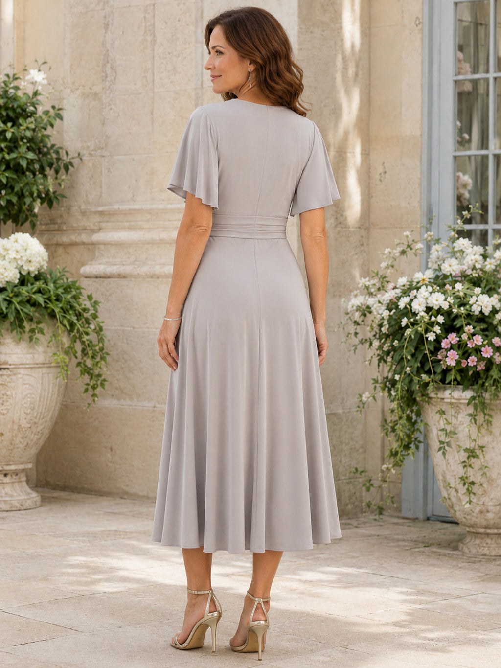 Taupe Casual Tea-Length A-Line Mother of the Bride Jersey Wrap Dress with V-Neck Short Sleeves and Gathered Waist back view