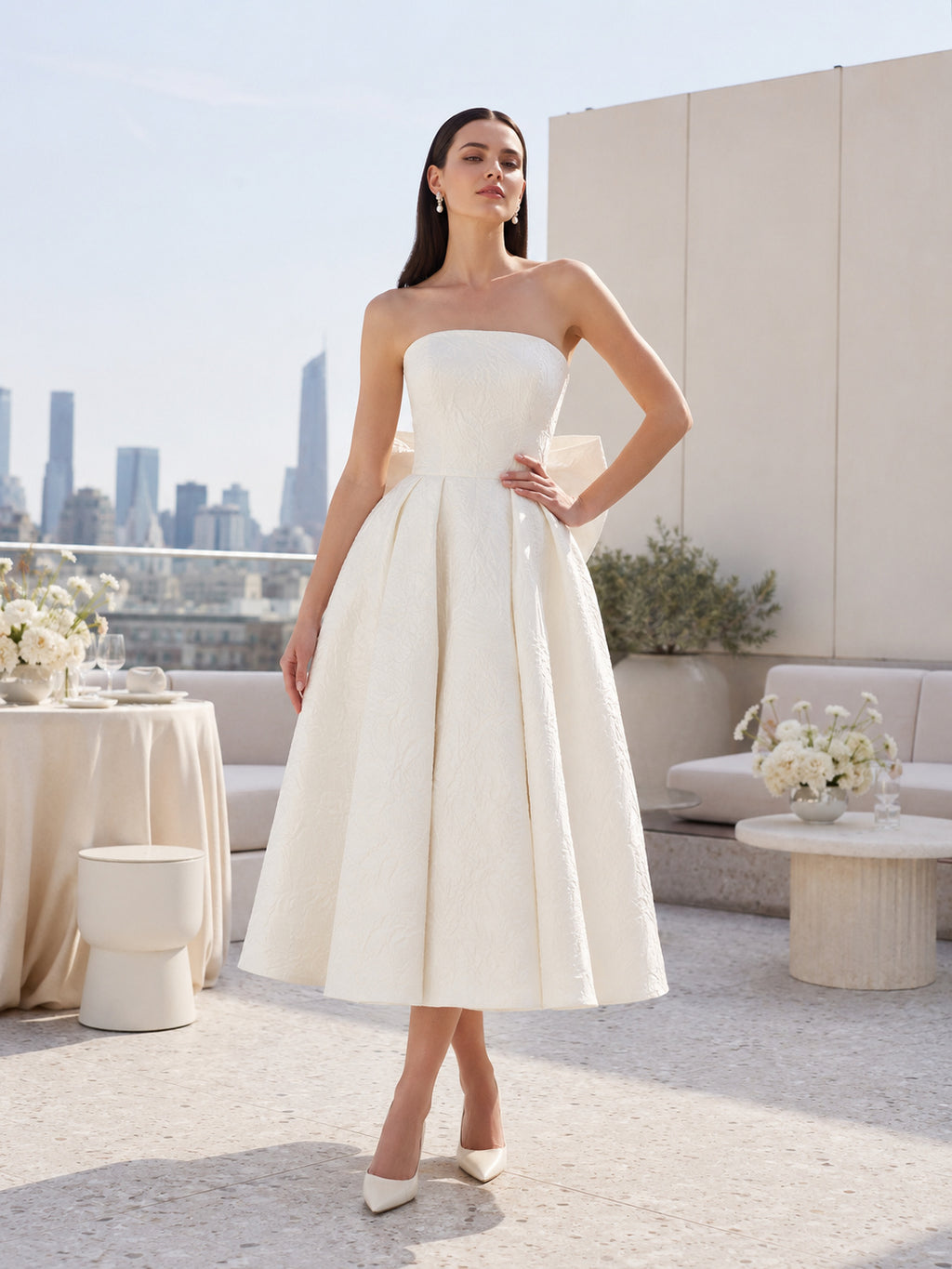 Strapless Bow Back Structured Satin Midi Bridal Dress front view