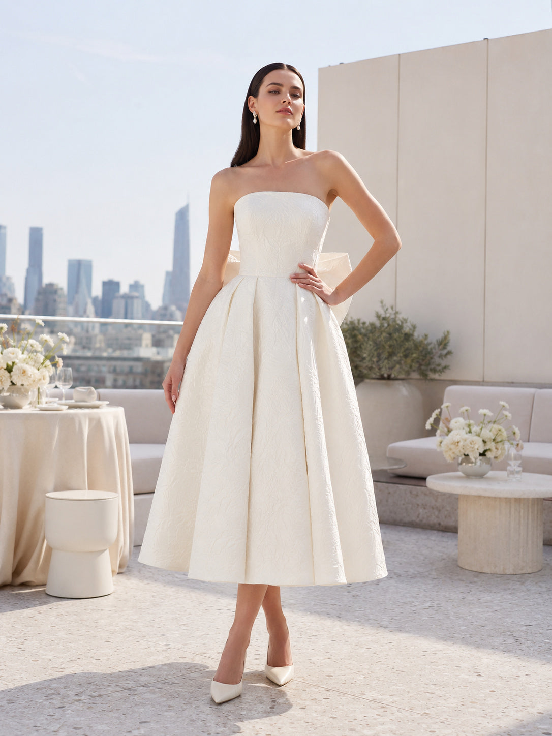 Strapless Bow Back Structured Satin Midi Bridal Dress front view