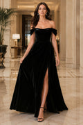 Black Off The Shoulder Velvet A Line Evening Gown With Front Slit And Sweep Train Evening Dress front view
