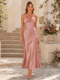 Dusty Rose One Shoulder Draped Satin Midi Guest Dress front view